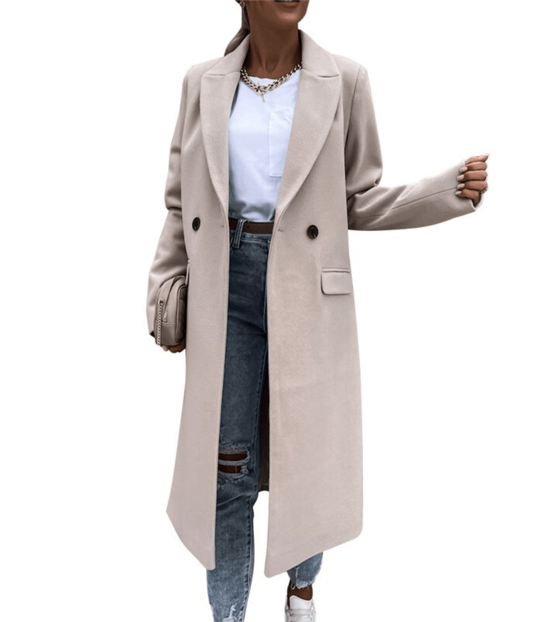 Modischer Damenmantel für den Winter, elegant, warm & bequem, mit auffälligen Knöpfen & Taschen.