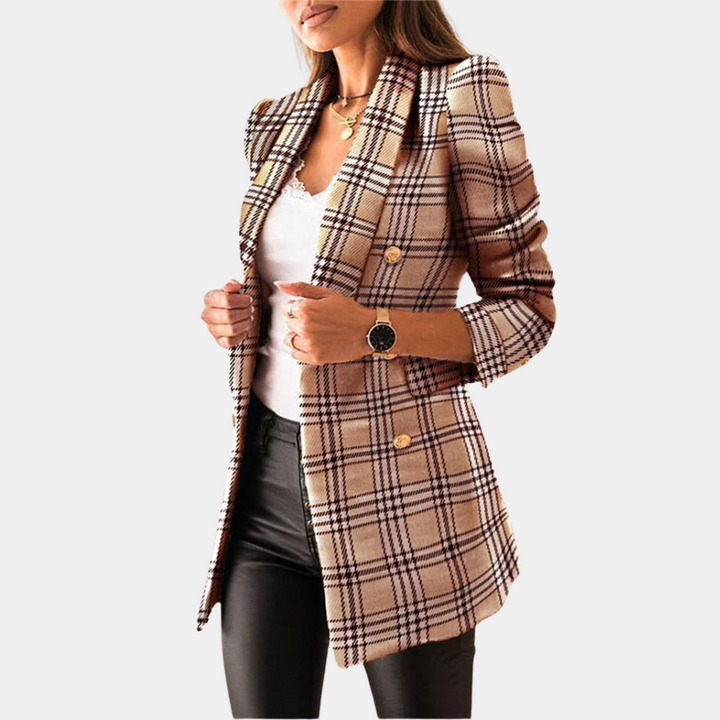 Stylischer Damen Blazer im Zweireiher Design, ein Outfit Highlight. Ideal für elegante Business- & Freizeit-Styles.
