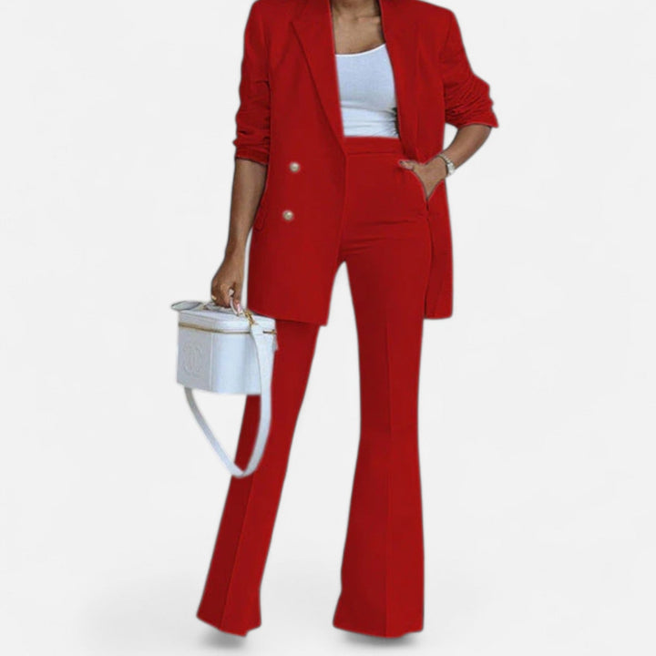 Damen Anzug Set: Zweireihiger Business Blazer & bequeme Stoffhose. Perfekt für professionelle Bürokleidung im Frühling.