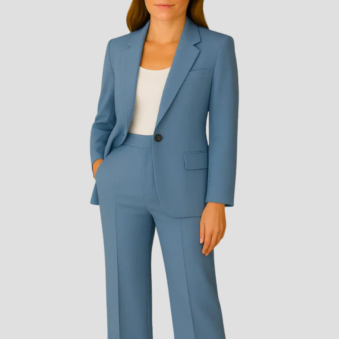 Eleganter Damen Blazer & Hose im Zweiteiler Anzug Stil. Perfekt für Businesskleidung & Büro.