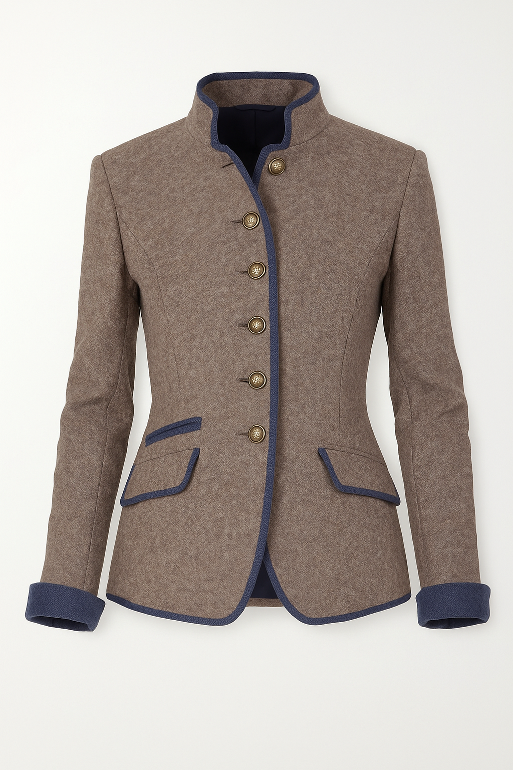 "Eleganter Damenblazer mit Stehkragen und taillierter Passform in zeitlosem Stil, modische Silhouette betont."