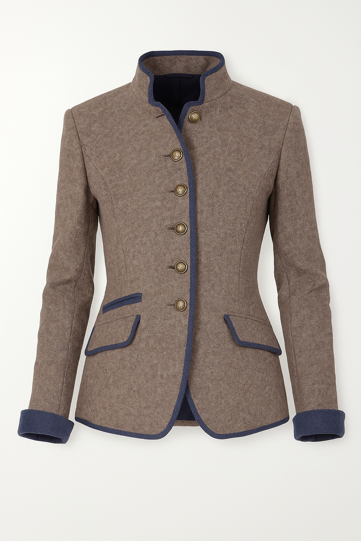 "Eleganter Damenblazer mit Stehkragen und taillierter Passform in zeitlosem Stil, modische Silhouette betont."
