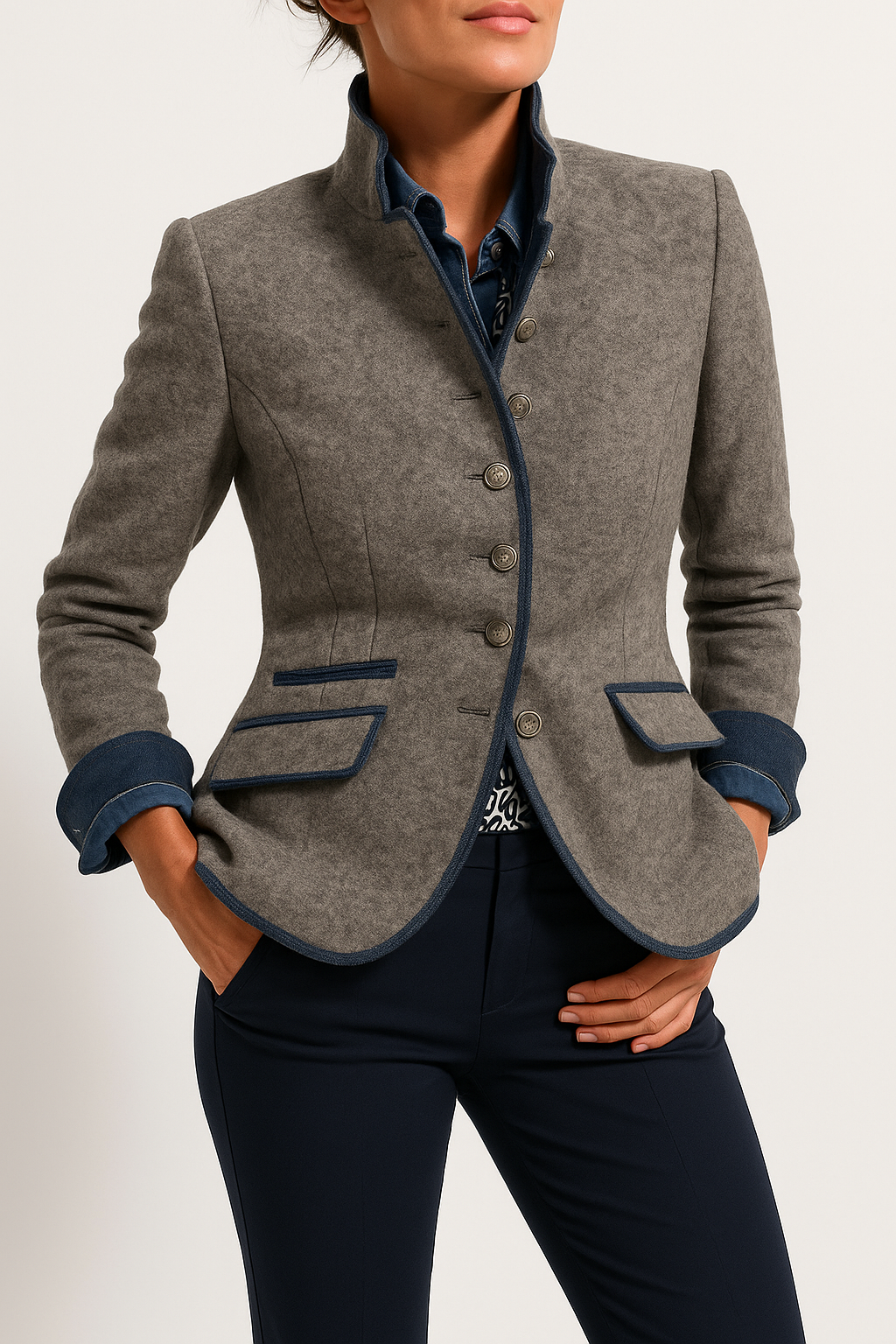 "Eleganter Damenblazer mit Stehkragen und taillierter Passform in zeitlosem Stil, modische Silhouette betont."