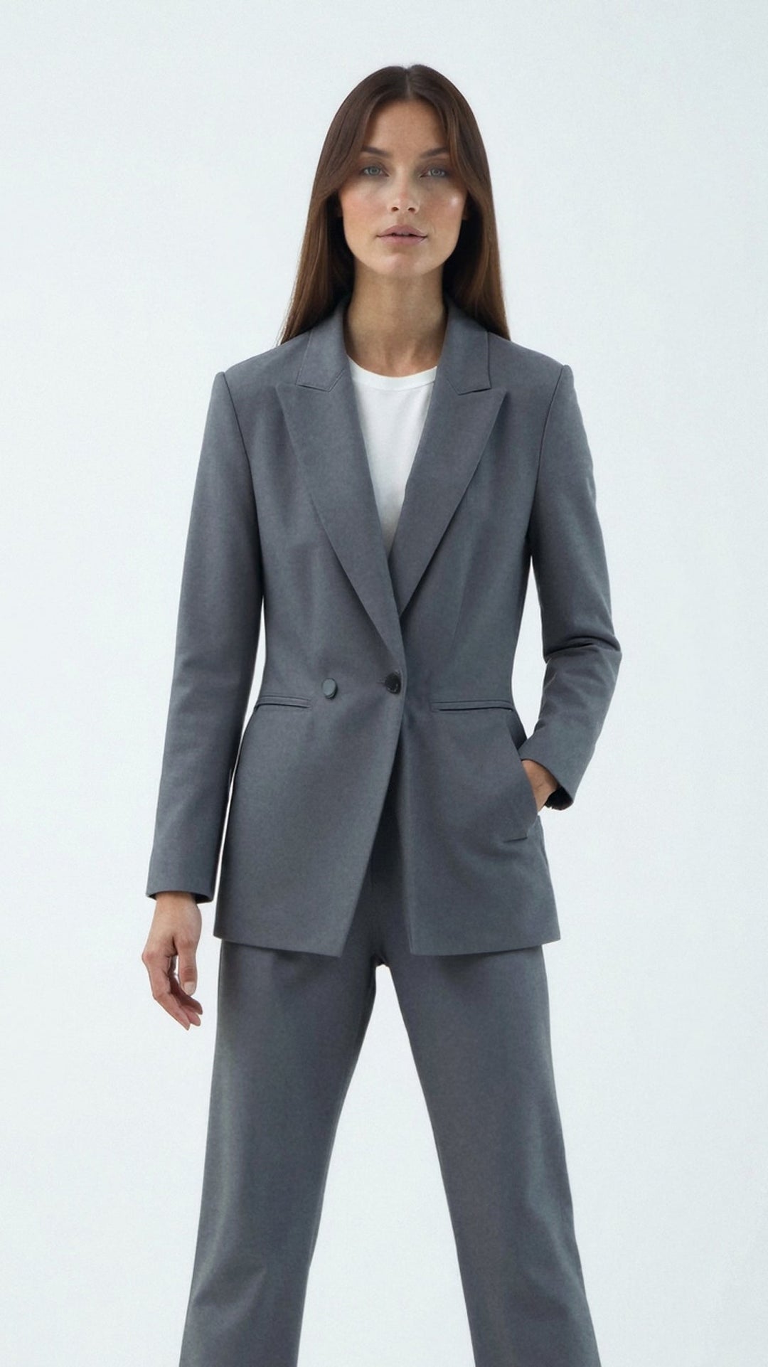Eleganter grauer Damen Longline Blazer, tailliert, für stilvolle Business- und Büromode.