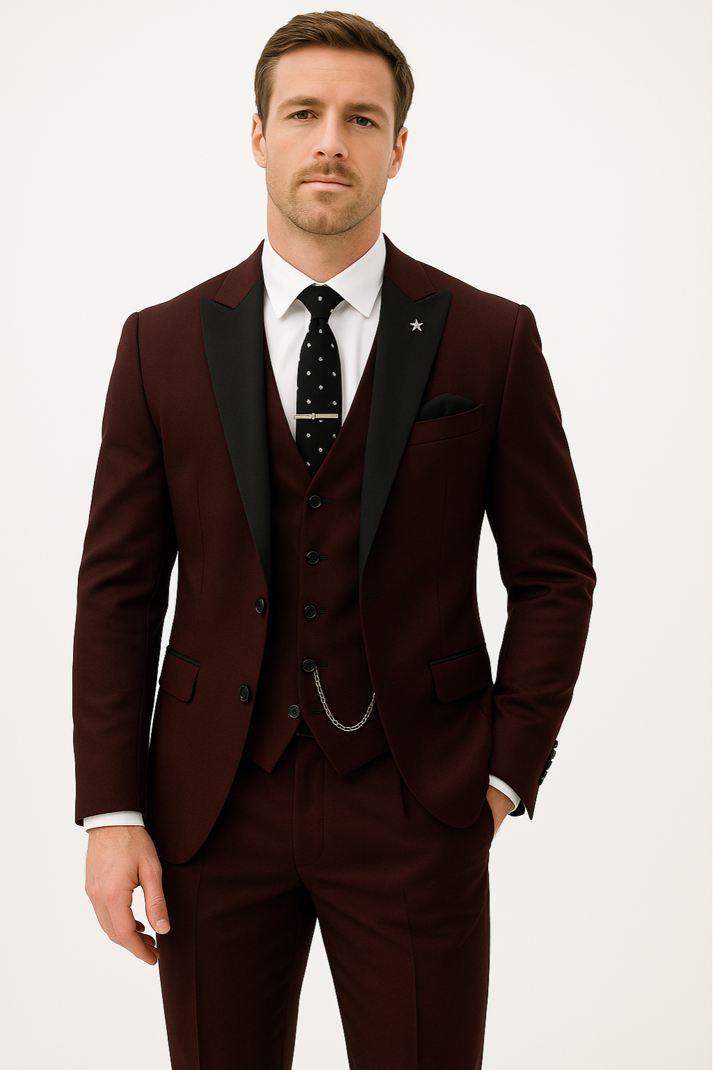 Eleganter Herren Dreiteiler Anzug in Bordeauxrot. Perfekt für Business, Hochzeit und festliche Anlässe im Frühling.