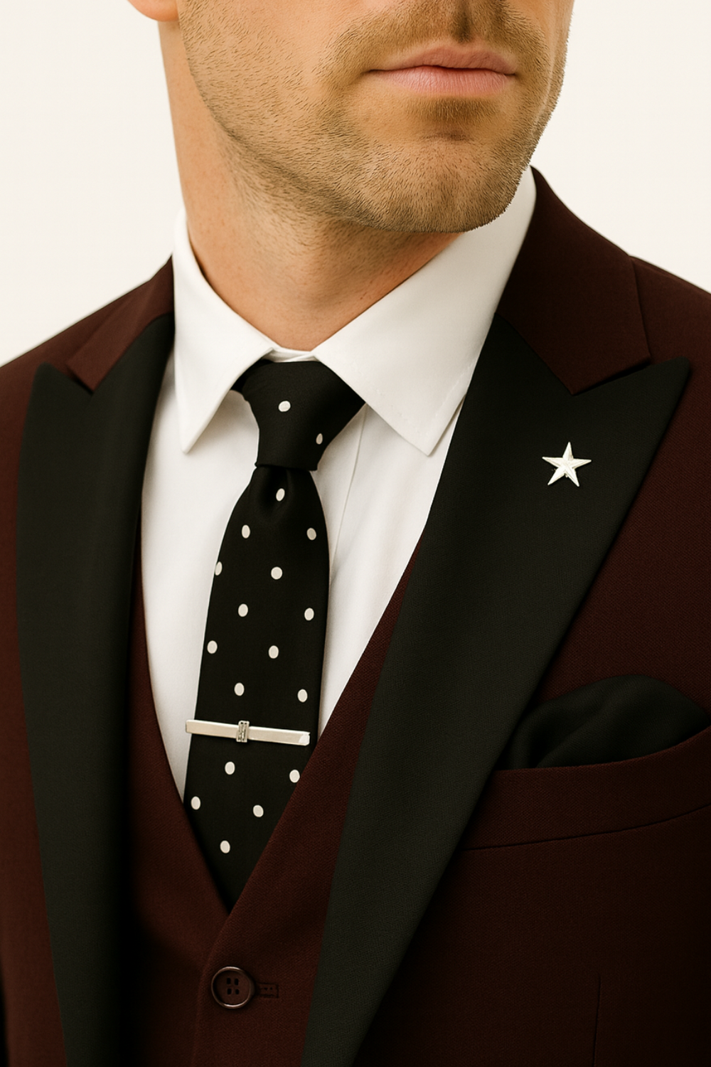 Nahaufnahme des bordeauxroten Dreiteiler Anzugs für Herren. Zeigt Stofftextur und elegante Details von Sakko und Weste.