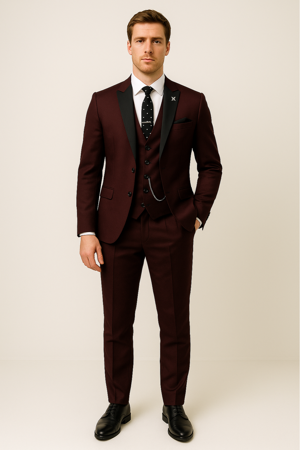 Moderner Herren Dreiteiler Anzug, bordeaux. Stylischer Frühlingsanzug für festliche Anlässe und Business Mode.