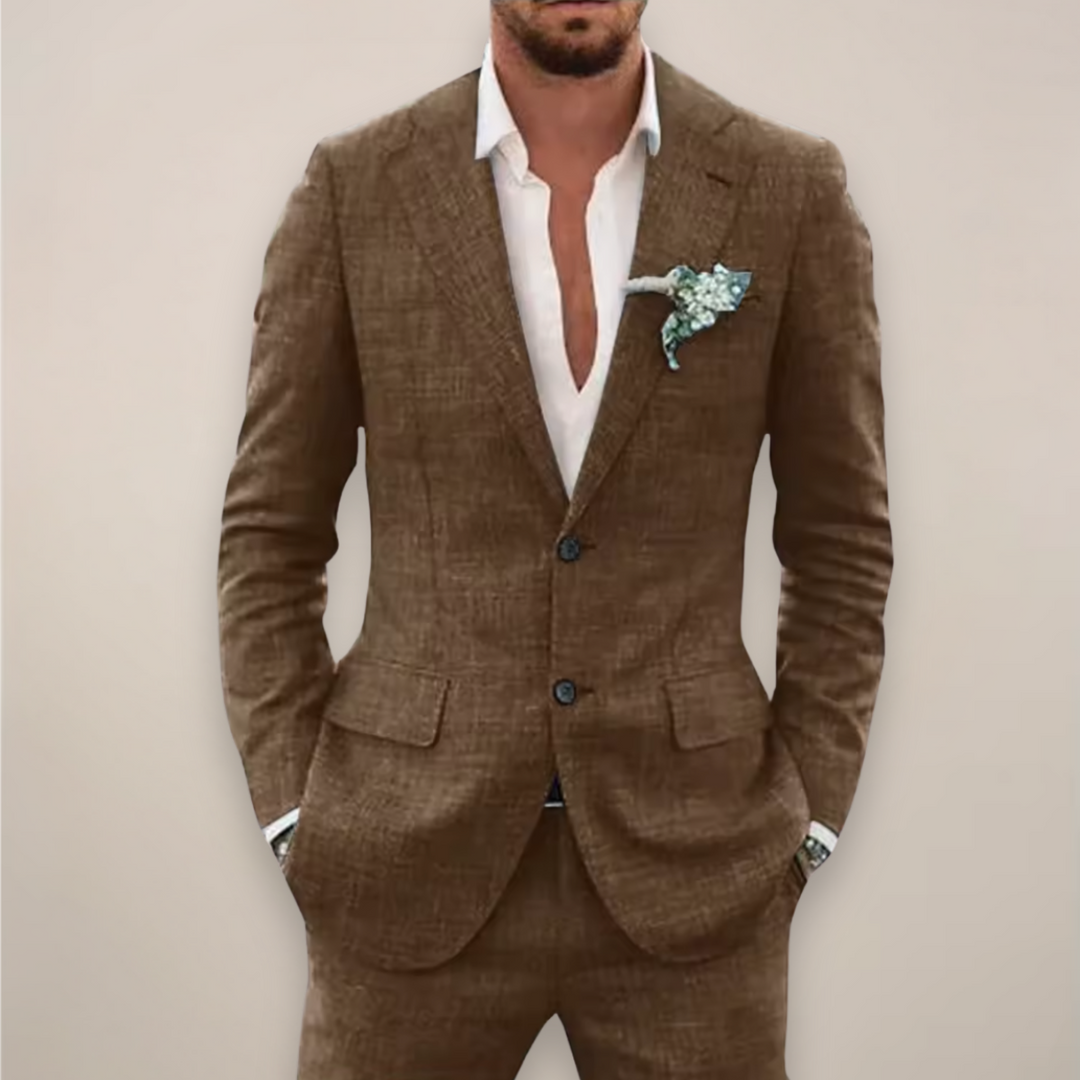 Festlicher Herren Einreiher Anzug Set. Moderner Zweiteiler für stilvolle Eleganz bei Hochzeiten & Sommerpartys.