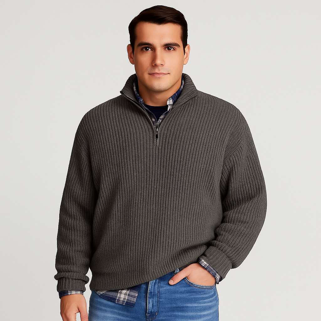 Vielseitiger Herren Halbzip Pullover, perfekt für Freizeit oder Smart Casual im Frühling; elegante Männerkleidung.