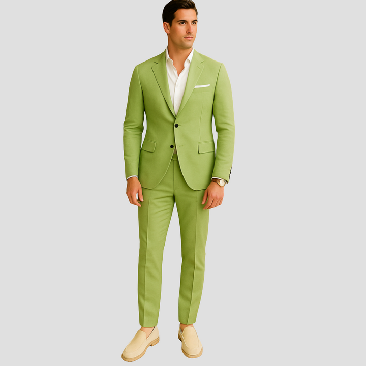 Stilvolles Zwei-Knopf-Sakko als Teil eines eleganten Herren Frühlingsanzugs, ideal für formelle und festliche Anlässe.