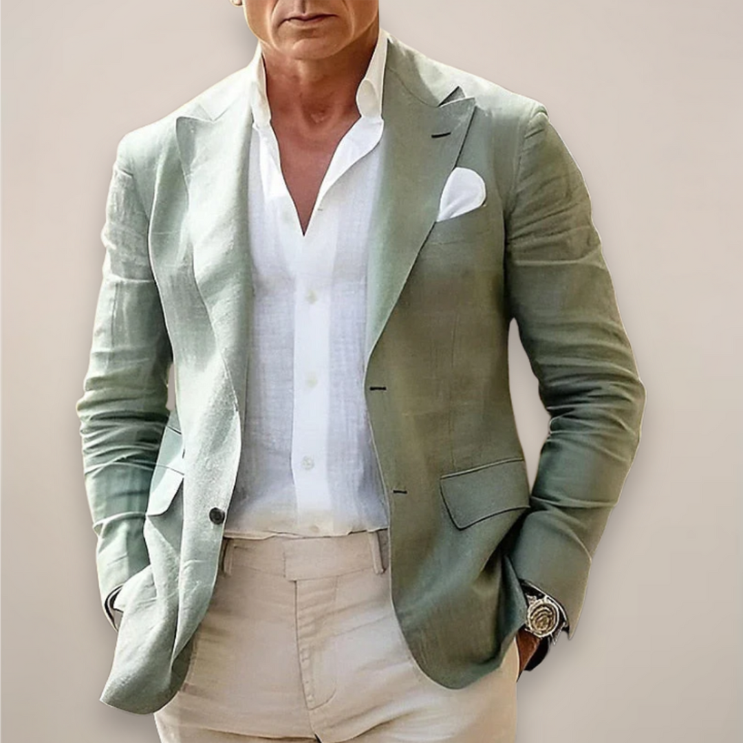 Stilvoller Herren Blazer, lässig und modern. Maßgeschneiderter Look für elegante Sommer-Freizeit- und Smart-Casual-Anlässe.