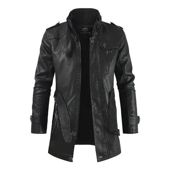 "Eleganter Herren Ledermantel in zeitlosem Design, aus hochwertigem Leder, vielseitig für verschiedene Anlässe geeignet."