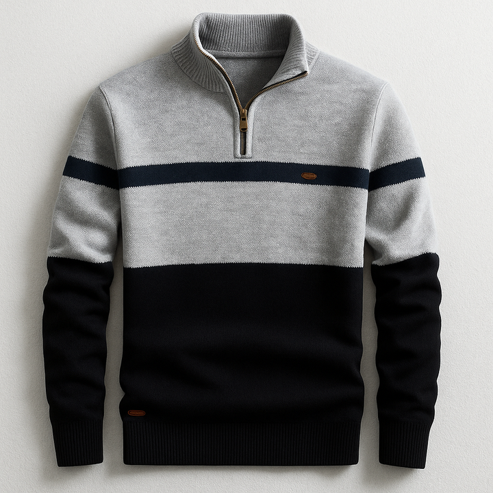 Moderner grauer Herren Viertel-Reißverschluss Pullover, Tailored Fit. Bequemer und eleganter Langarm-Pulli.