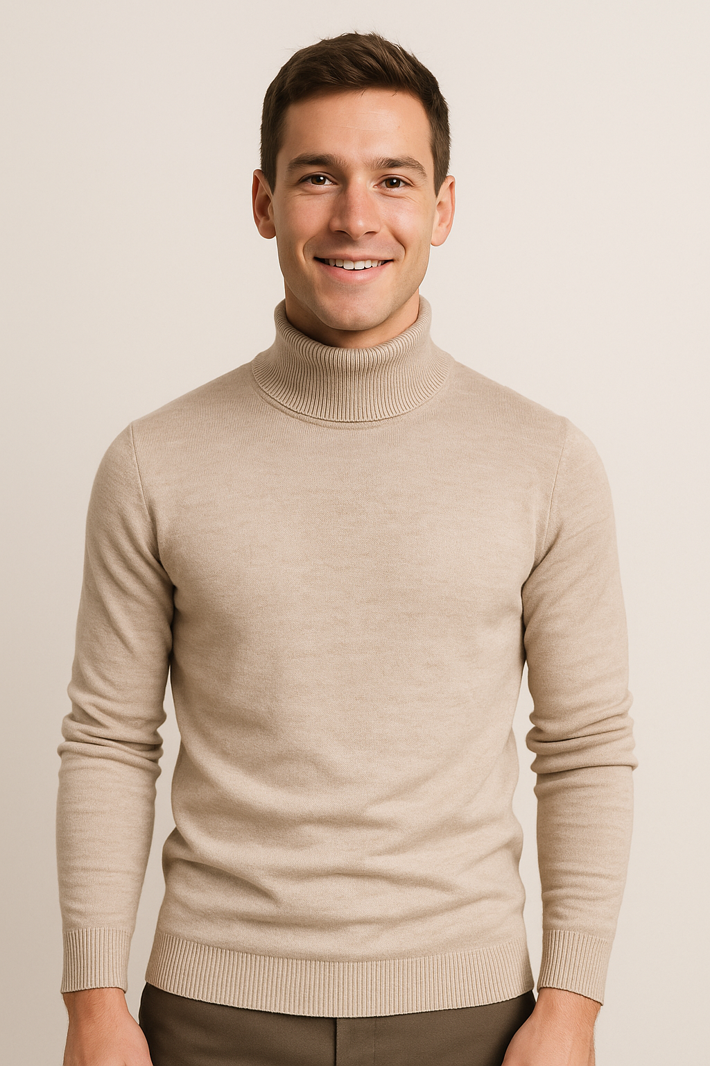 Eleganter Herren-Rollkragenpullover aus Feinstrick, weiches Material, schmale Passform, modisch für kühle Tage geeignet.