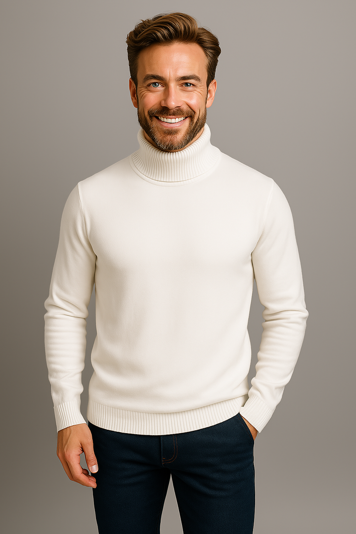 Nahaufnahme eines eleganten Herren Rollkragenpullovers in Gelb. Idealer Frühlingspullover für vielseitige Looks.