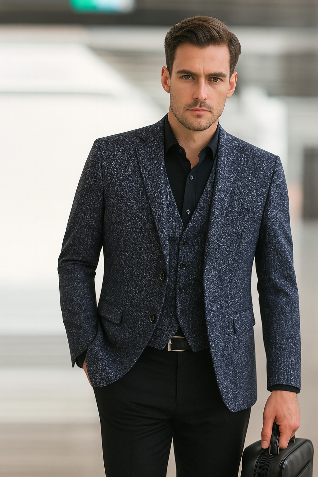 Nahaufnahme des modernen Herren Blazers mit schlankem Schnitt; ideal für stilvolle Frühlings-Looks.