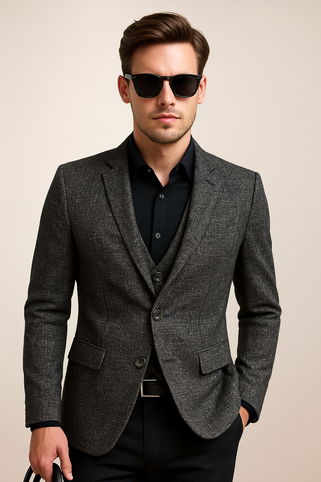 Moderner Mann trägt stilvolle Slim Fit Blazerjacke; vielseitig für Business und Freizeit im Frühling.
