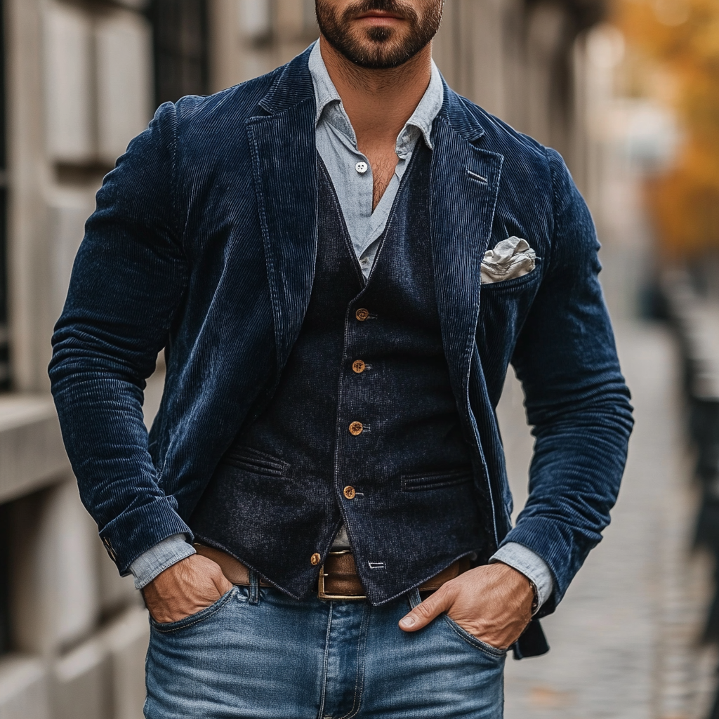 Eleganter Herren Slim Fit Blazer & Weste Zweiteiler in Marineblau für Business und festliche Anlässe.