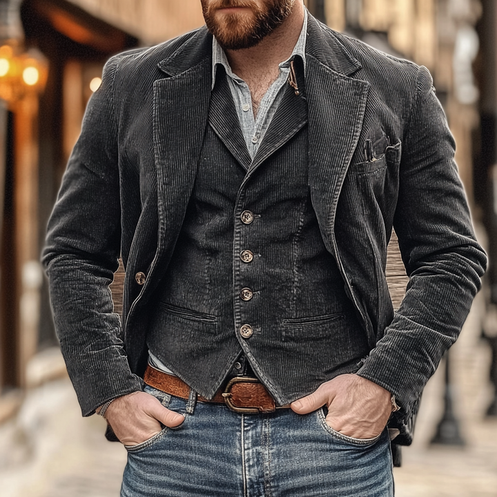 Formeller dunkelgrauer Herrenanzug mit Slim Fit Blazer und Weste, perfekt für Events und Büro.