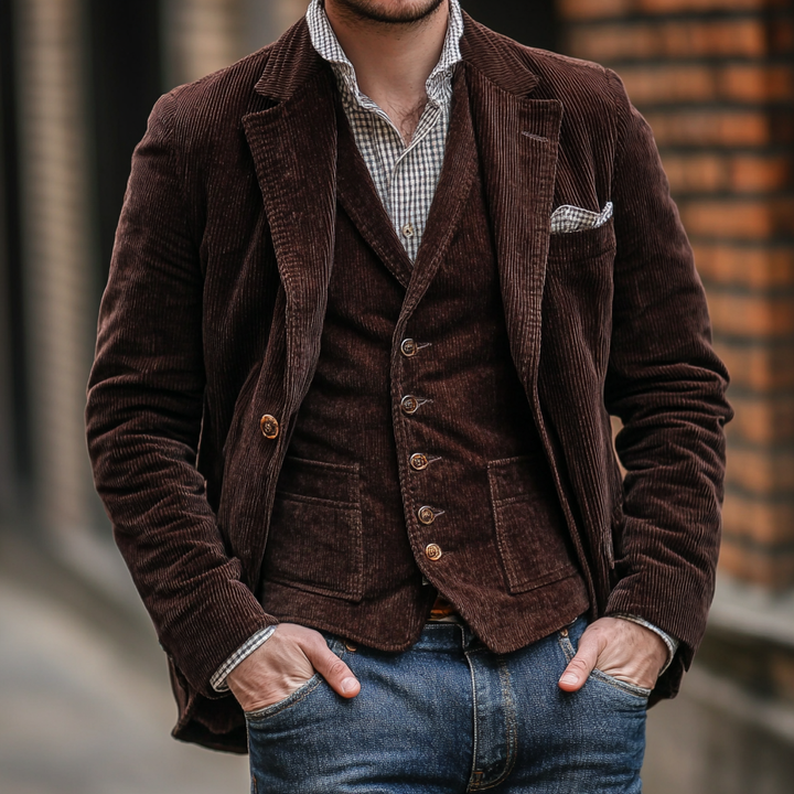 Kastanienbrauner Herren Slim Fit Blazer und passende Weste, stilvoller Zweiteiler für Businessmode.