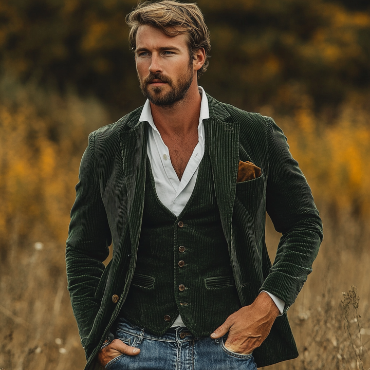 Waldgrüner eleganter Herren Slim Fit Anzug-Set mit Blazer & Weste, ideal für Hochzeiten & Partys.