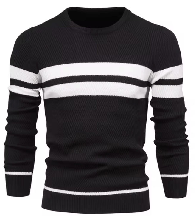 Mann trägt modernen Herren Strickpullover in Freizeit-Look. Ideal als Alltagskleidung für gemütliche Wintertage.
