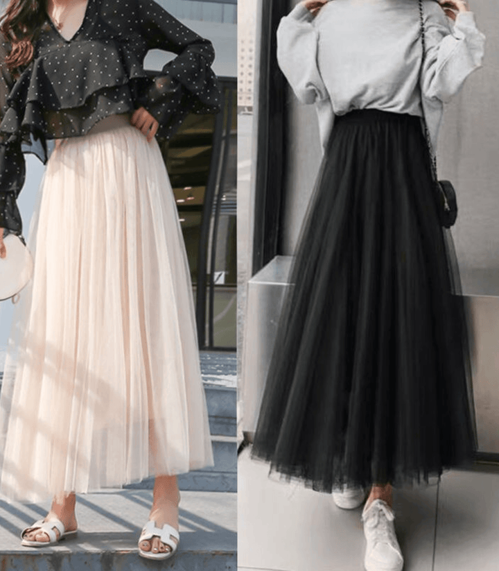 Knöchellanger Damen Netzrock aus Tüll, mehrlagig und elegant, für einen femininen und stilvollen Look.