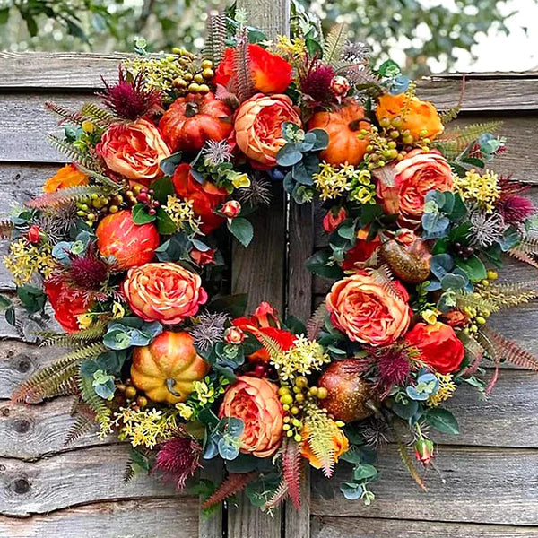 Eleganter künstlicher Blumenkranz mit erdigen Tönen, perfekt für Heim- und Gartendekoration, ganzjähriger Blickfang.