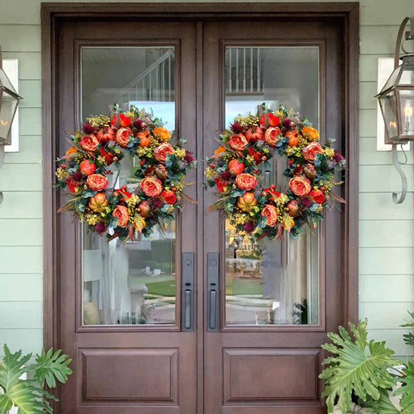 Eleganter künstlicher Blumenkranz mit erdigen Tönen, perfekt für Heim- und Gartendekoration, ganzjähriger Blickfang.