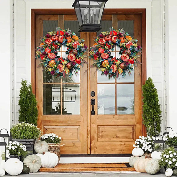 Eleganter künstlicher Blumenkranz mit erdigen Tönen, perfekt für Heim- und Gartendekoration, ganzjähriger Blickfang.