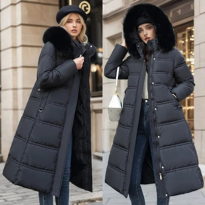 Langer Damen Wintermantel in elegantem Design, ideal als warme Winterkleidung.