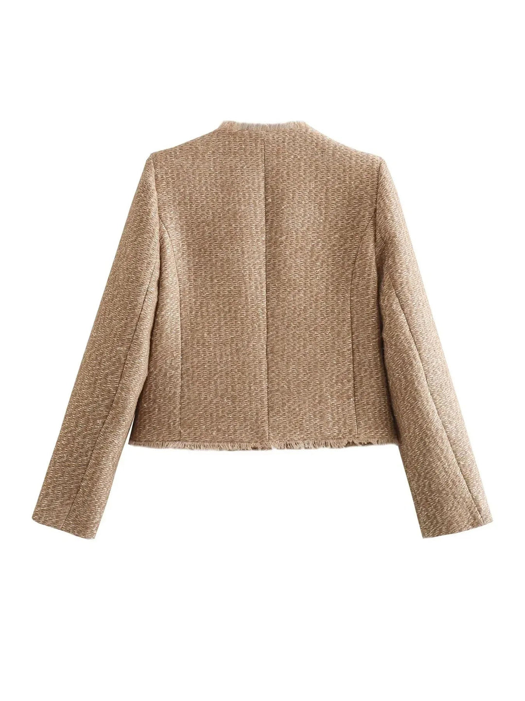 "Eleganter Melinda Tweed-Blazer für Damen mit klassischem Design, Tweed-Textur und tailliertem Schnitt, frontale Ansicht."