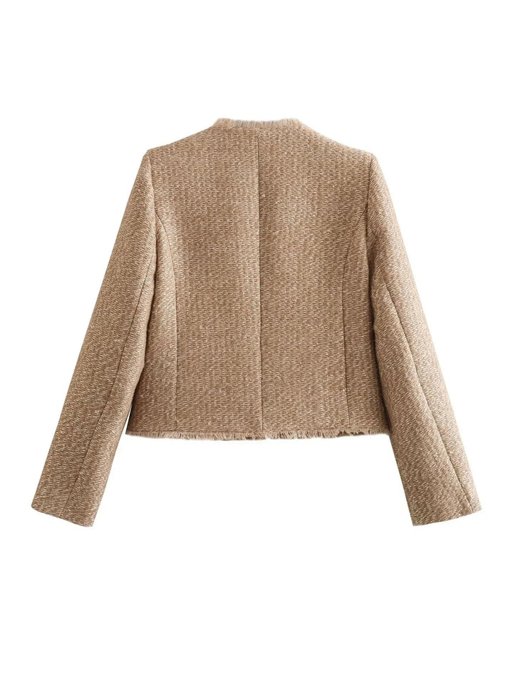 "Eleganter Melinda Tweed-Blazer für Damen mit klassischem Design, Tweed-Textur und tailliertem Schnitt, frontale Ansicht."