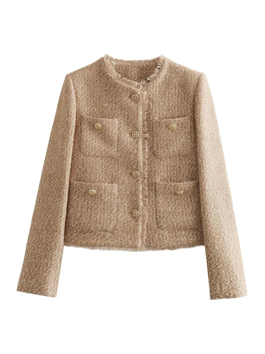 "Eleganter Melinda Tweed-Blazer für Damen mit klassischem Design, Tweed-Textur und tailliertem Schnitt, frontale Ansicht."