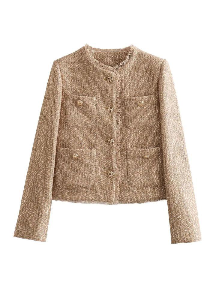 "Eleganter Melinda Tweed-Blazer für Damen mit klassischem Design, Tweed-Textur und tailliertem Schnitt, frontale Ansicht."