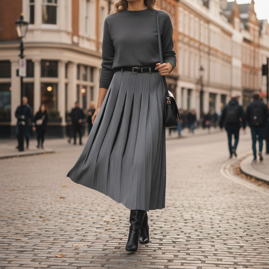 Eleganter schwarzer Damen Plissee Midirock mit Gürtel, perfekt für Frühling und Büro. Femininer Freizeitrock.