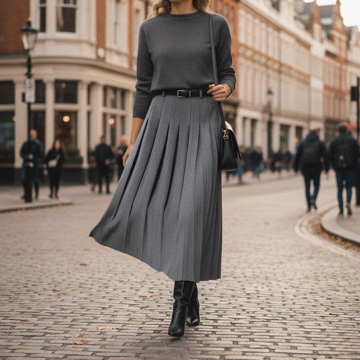 Eleganter schwarzer Damen Plissee Midirock mit Gürtel, perfekt für Frühling und Büro. Femininer Freizeitrock.