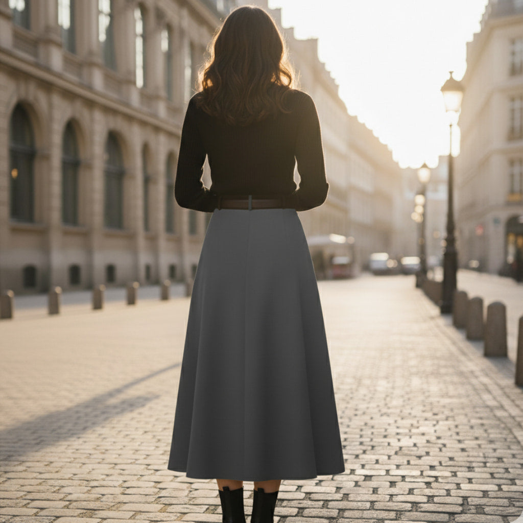 Detaillierter Blick auf den klassischen Damen Plisseerock in Schwarz. Strukturierte Falten für elegante Frühlingstage.