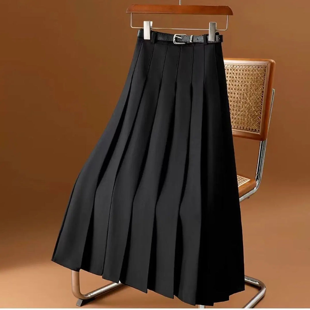 Feminin eleganter Damen Frühlingsrock in Grau, als Midirock mit Gürtel für Büro oder Freizeit.