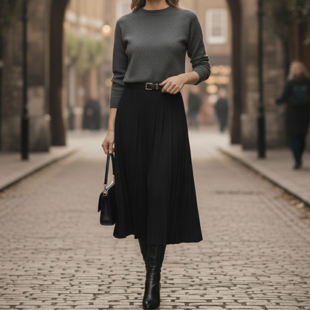 Vielseitiger Damen Midirock in Grau mit Plissees und Gürtel, ein klassischer Bürorock für den Frühling.