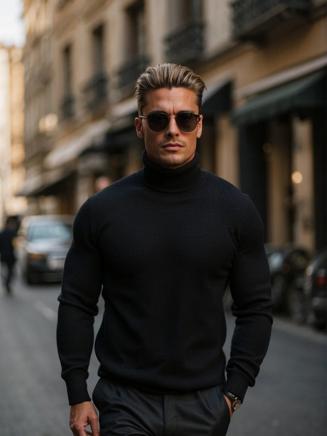 Eleganter Slim Fit Rollkragenpullover für Herren, perfekt für Business Casual. Stilvolle Herrenmode für Winter & Übergang.
