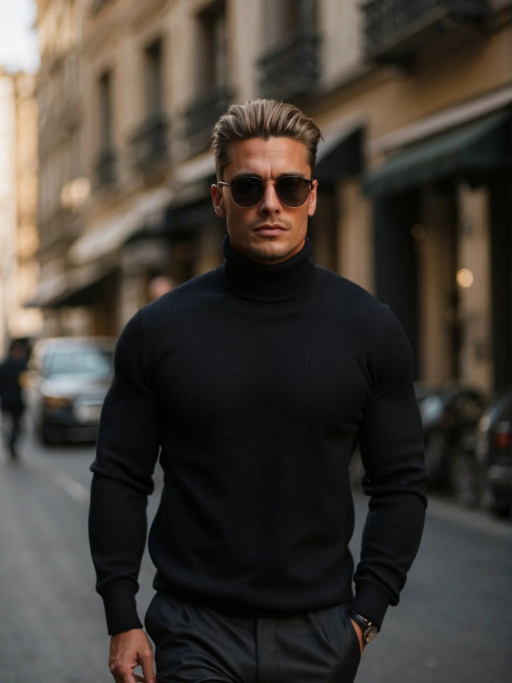 Eleganter Slim Fit Rollkragenpullover für Herren, perfekt für Business Casual. Stilvolle Herrenmode für Winter & Übergang.