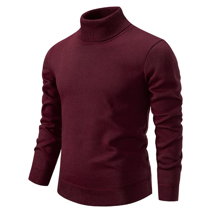 Rückenansicht des modernen Herren Slim Fit Rollkragenpullovers. Eleganter Schnitt, ideal für stilvolle Business-Looks.