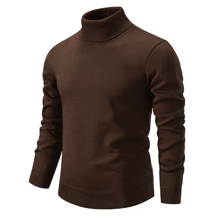 Detailansicht des Rollkragens am eleganten Herrenpullover. Hoher Kragen, Slim Fit, moderne Herrenmode für den Winter.