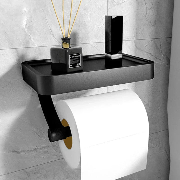 Eleganter Toilettenpapierhalter mit Ablage aus gebürstetem Edelstahl in Schwarz, perfekt für moderne Badezimmer.