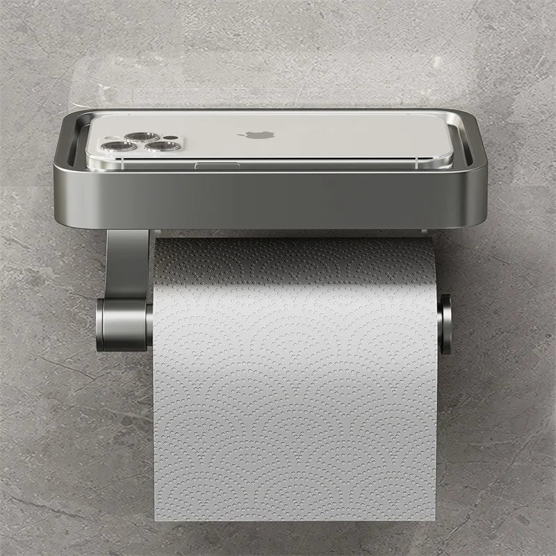 Eleganter Toilettenpapierhalter mit Ablage aus gebürstetem Edelstahl in Grau, verleiht jedem Badezimmer einen Hauch von Eleganz.