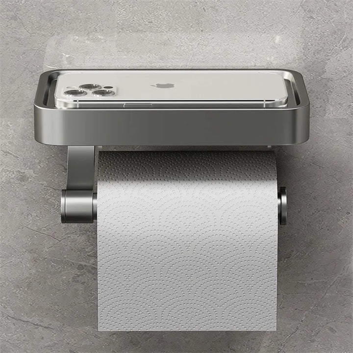Eleganter Toilettenpapierhalter mit Ablage aus gebürstetem Edelstahl in Grau, verleiht jedem Badezimmer einen Hauch von Eleganz.