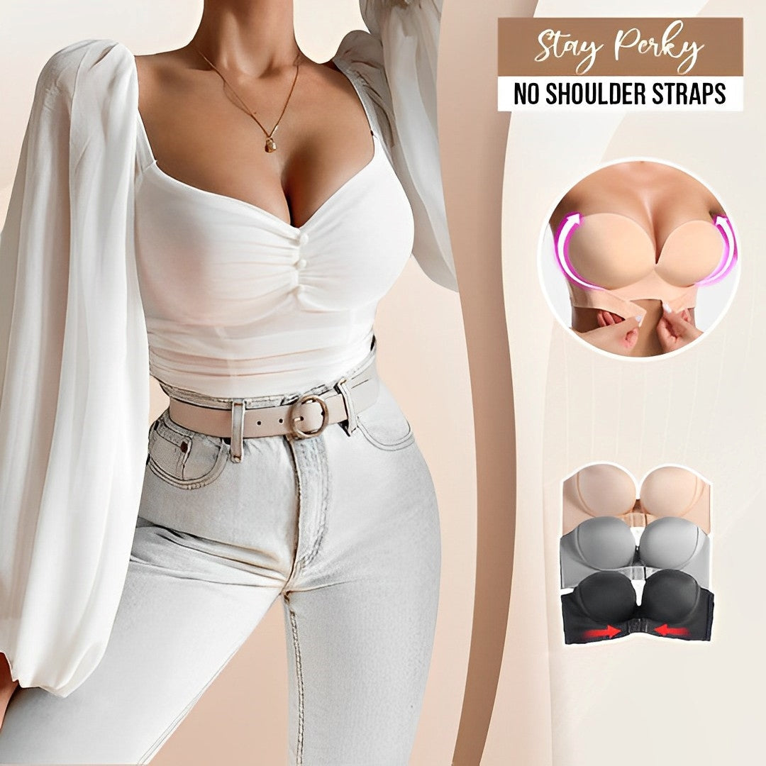 Eleganter trägerloser Push-up-BH mit Spitzenüberzug, ideal für unsichtbaren Halt unter schulterfreien Kleidern.