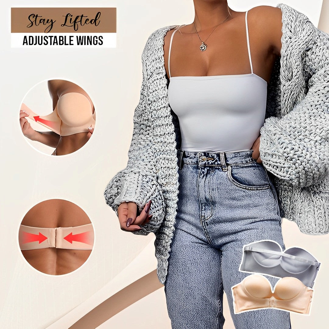 Eleganter trägerloser Push-up-BH mit Spitzenüberzug, ideal für unsichtbaren Halt unter schulterfreien Kleidern.