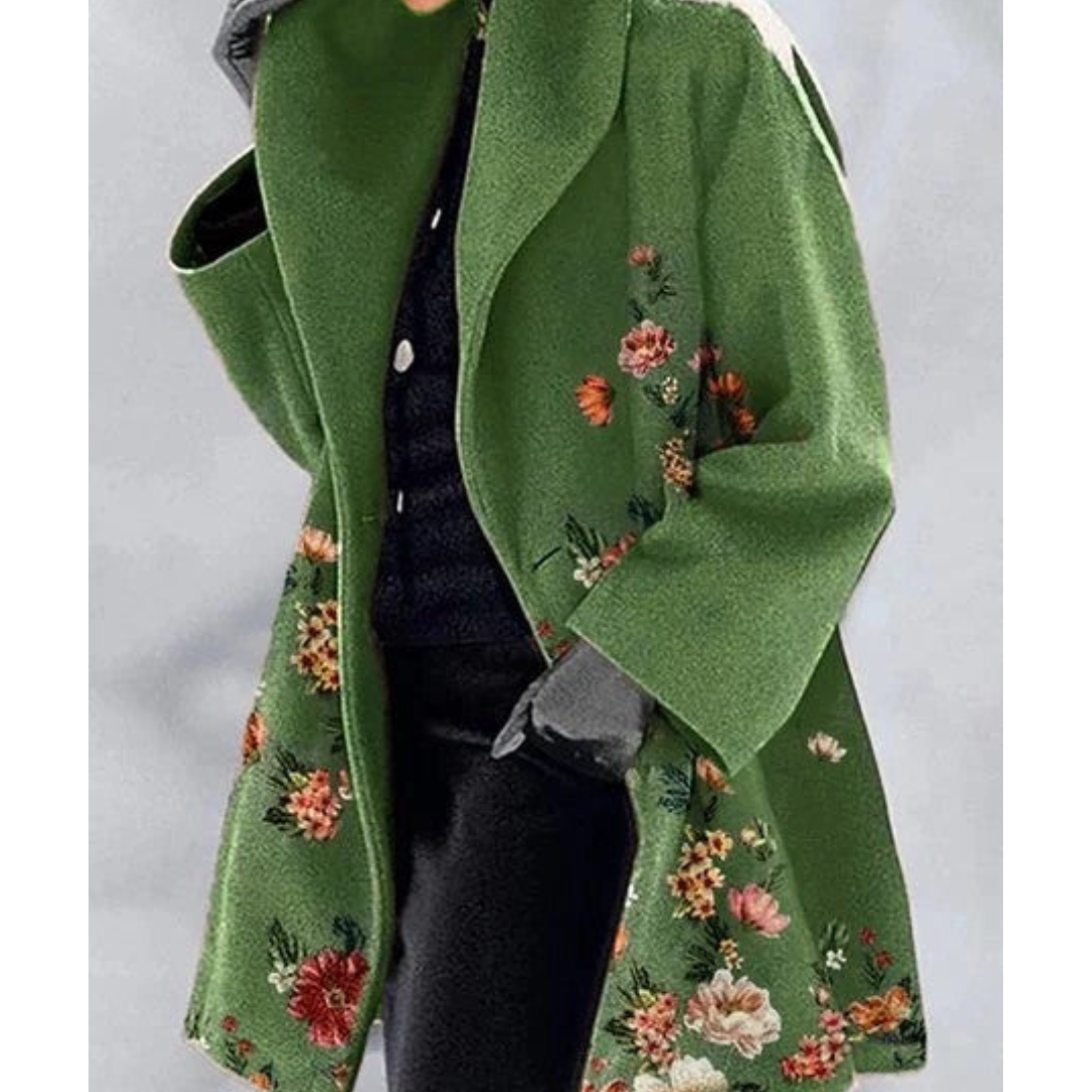 Eleganter, warmer Damen Wintermantel lang mit Blumenmuster, bedruckt. Ideal für stilvolle Wintermode.